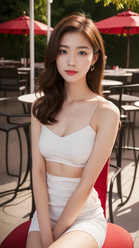 ((Top quality, 8K, masterpiece: 1.3)), beautiful girl, pure, Oval face, Gentle and lovely, Sweet kissing gesture, Sweet smile, pure desire, slim body, (front), (Tilting your head), ((Looking at the camera))), Wearing skirts of various colors, Medium Length Hair, Normal chest, Long shoulders, Big, round, black eyes, A pair of big clear eyes, Moist Red. Lips, Sweet, sit on the chair, Evening cafe terrace background, (((Shooting from the waist up))),