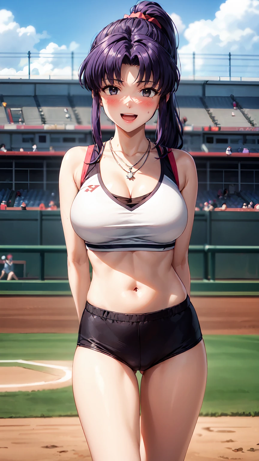 Masterpiece ,best quality , high resolution , ultra detail , colorful , (1 girl solo:1.38) , (Misato katsuragi) , (black eyes, ponytail , purple hair, medium_long_hair, make up, necklace, tall, slim body,) , (wear baseball hat , belly , navel , sport top , sport short , stockings ) , (arms behind back . hands behind back) , (cleavage:1.15) , (big breast:1.1) , (face view , look at view) , (outdoor , Baseball field,race,streamers,victory,celebrate) , (standing , Legs , thighs , cowboy shot) , ( full face blush , shy , smile , open mouth)