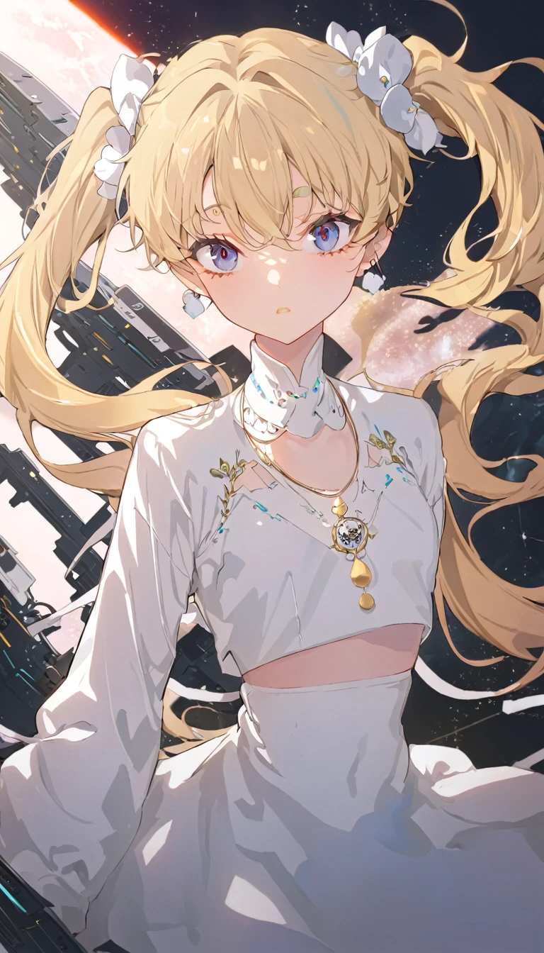 Young blonde anime, Aesthetic body, Dark blue eyes, Wearing white clothes with blue details, On a spaceship, With gold necklace