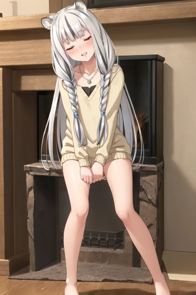 ((masterpiece)), (best quality), (ultra-detailed), photorealistic, (best illustration), ((an extremely delicate and beautiful)), 1girl, solo, long hair, tiger ears, white hair, two-tone hair, facing viewer, sweater, ribbed sweater, barefoot, one leg standing, split, holding one leg, closed eyes, short sleeves, indoors, low twin braids, twin braids, hair ornament, blush, head tilt, fireplace, fire, upper teeth, flat chest, young, aged down, happy, collarbone, necklace,
