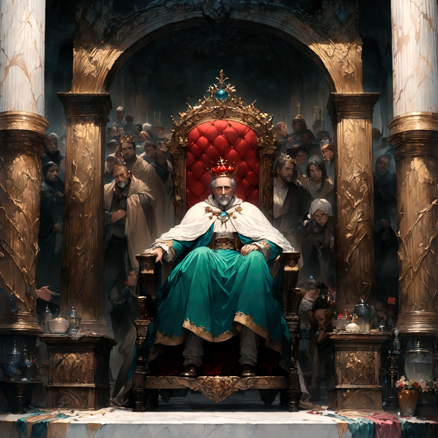 Throne room scenery,oil painting style,king sitting on the throne,Subjects prostrating,Subject's clothing details,There is a distance between the king's throne and his subjects.,BREAK,(The king is a middle-aged man,A king with absolute power who looks down on his subjects,He wears clothes and a cloak befitting a king.,the king wears a crown,He is a king with a cruel personality.,anatomically correct),BREAK,A painting depicting an era in history,paint with oil paint,structurally correct,create an artistic background,decadent,dark fantasy,awe,feeling of pressure,(masterpiece:1.3),(highest quality:1.4),(ultra detailed:1.5),High resolution,extremely detailed,unity 8k wallpaper