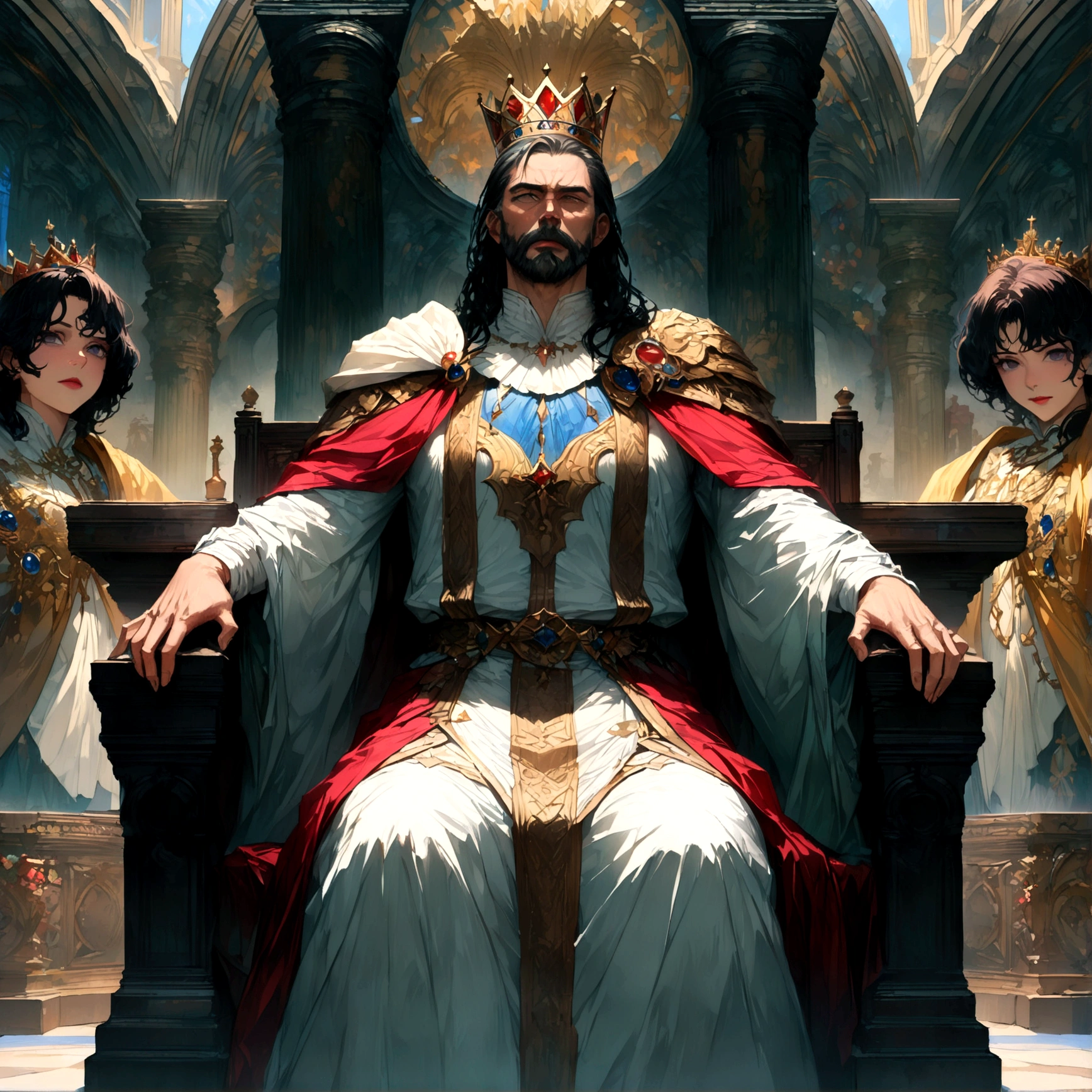 Throne room scenery,oil painting style,king sitting on the throne,Subjects prostrating,Subject's clothing details,There is a distance between the king's throne and his subjects.,BREAK,(The king is a middle-aged man,A king with absolute power who looks down on his subjects,He wears clothes and a cloak befitting a king.,the king wears a crown,He is a king with a cruel personality.,anatomically correct),BREAK,A painting depicting an era in history,paint with oil paint,structurally correct,create an artistic background,decadent,dark fantasy,awe,feeling of pressure,(masterpiece:1.3),(highest quality:1.4),(ultra detailed:1.5),High resolution,extremely detailed,unity 8k wallpaper