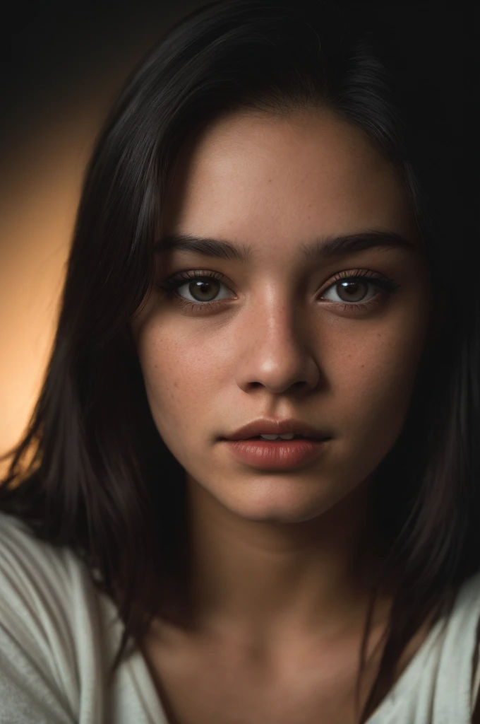 (close-up, editorial photograph of a 21 year old woman), (highly detailed face:1.4) (smile:0.7) (background inside dark, moody, private study:1.3) POV, by lee jeffries, nikon d850, film stock photograph ,4 kodak portra 400 ,camera f1.6 lens ,rich colors ,hyper realistic ,lifelike texture, dramatic lighting , cinestill 800,