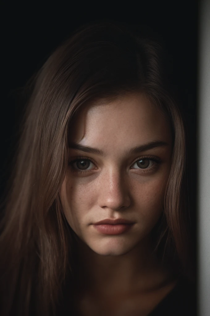 (close-up, editorial photograph of a 21 year old woman), (highly detailed face:1.4) (smile:0.7) (background inside dark, moody, private study:1.3) POV, by lee jeffries, nikon d850, film stock photograph ,4 kodak portra 400 ,camera f1.6 lens ,rich colors ,hyper realistic ,lifelike texture, dramatic lighting , cinestill 800,