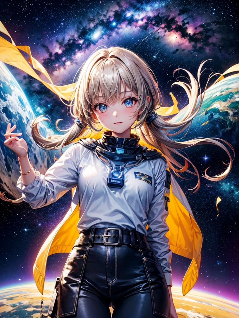 Highest quality,Highest Resolution,A beautiful girl from the future flying in space,Earth in the background,Milky Way,