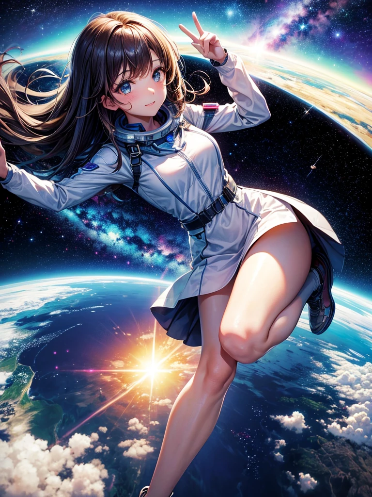 Highest quality,Highest Resolution,A beautiful girl from the future flying in space,Earth in the background,Milky Way,