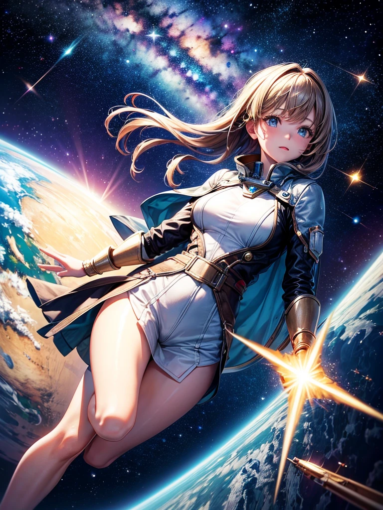 Highest quality,Highest Resolution,A beautiful girl from the future flying in space,Earth in the background,Milky Way,