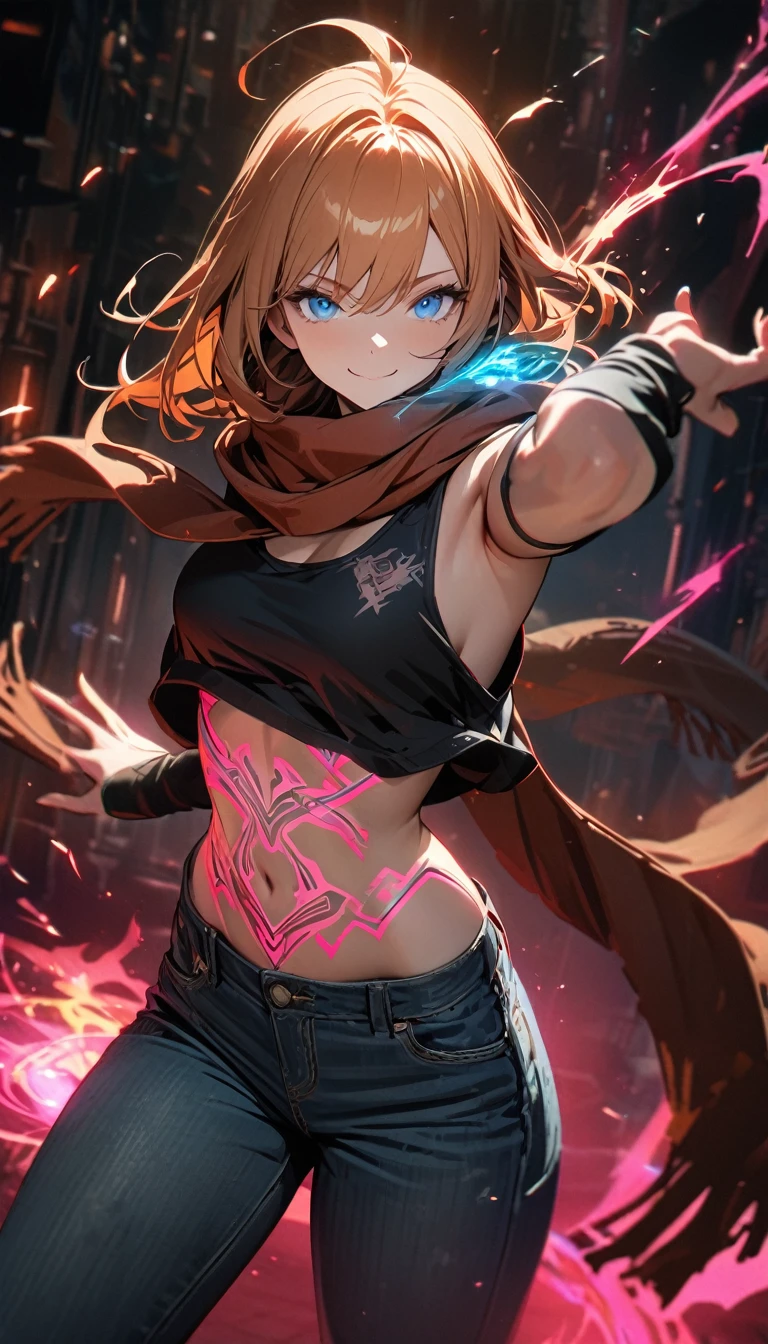 Adult girl, long ginger hair, blue eyes, smile, magic tattoo, black cyberpunk tank top, open belly, jeans, scarf, glowes without fingers, magic, Masterpiece, best quality, Full HD, 8k, ultra details, great graphic