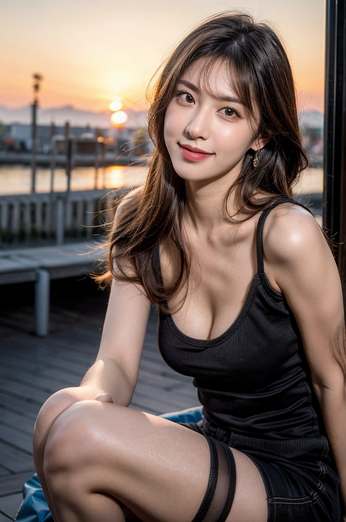 ulzzang-6500-v1.1, (RAW Photos:1.2), (Photorealistic), Beautiful detailed girl, (Genuine: 1.4), (masterpiece), 1 Girl, Photo Model, smile, Focus on the audience, Beautiful lighting, Highest quality, masterpiece, Ultra-high resolution, Realistic, Black Hair, Short tank top, Shorts, Ultra-realistic pantyhose、super Realistic stockings, Medium chest, White skin,( Sunset background:1.4), Full Body Shot:1.2