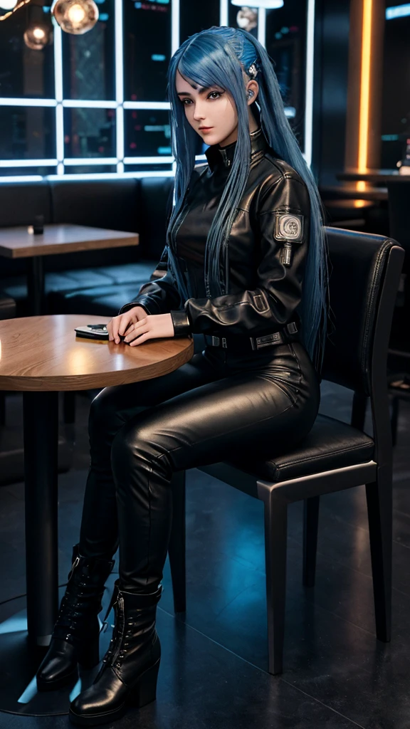 Teenage girl, long blue hair, cyberpunk style long sleeve shirt, cyberpunk style leather pants, black boots, sitting at a table in a futuristic restaurant, background of a young man sitting at a straight table. teenage girl face,3D,18k,full body, ultra fine details.