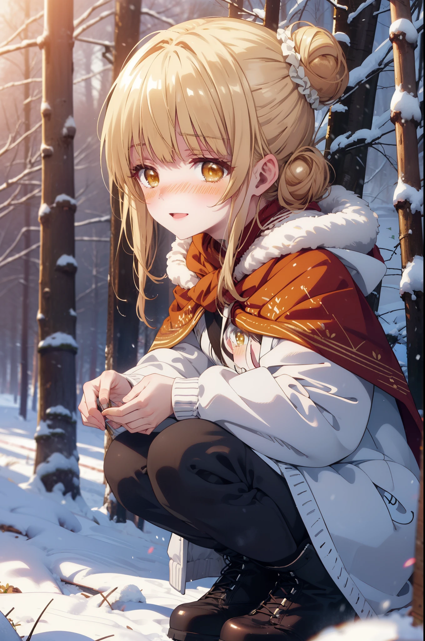 This is Mahirushiina, Mahiru Shiina, blonde, (Brown eyes:1.7), Long Hair, happy smile, smile, Open your mouth,Hair Bun, single Hair Bun,blush,White Breath,
Open your mouth,snow,Bonfire on the ground, Outdoor, boots, snowing, From the side, wood, suitcase, Cape, Blurred, Increase your meals, forest, White handbag, nature, Squat, Mouth closed, フードed Cape, winter, Written boundary depth, Black shoes, red Cape break looking at viewer, Upper Body, whole body, break Outdoor, forest, nature, break (masterpiece:1.2), Highest quality, High resolution, unity 8k wallpaper, (shape:0.8), (Beautiful and beautiful eyes:1.6), Highly detailed face, Perfect lighting, Extremely detailed CG, (Perfect hands, Perfect Anatomy),