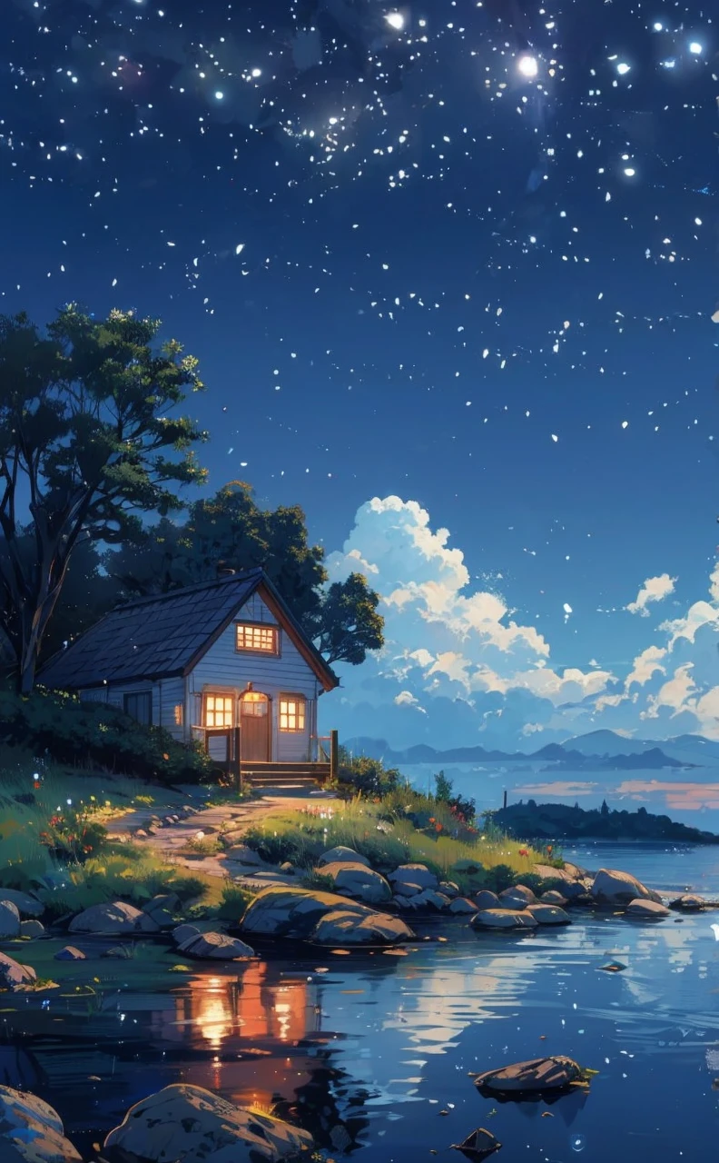 Beautiful house landscape with clouds at night