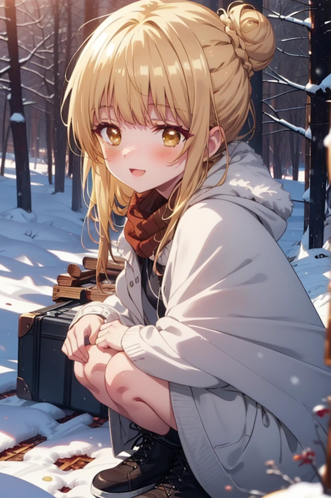 This is Mahirushiina, Mahiru Shiina, blonde, (Brown eyes:1.7), Long Hair, happy smile, smile, Open your mouth,Hair Bun, single Hair Bun,blush,White Breath,
Open your mouth,snow,Bonfire on the ground, Outdoor, boots, snowing, From the side, wood, suitcase, Cape, Blurred, Increase your meals, forest, White handbag, nature,  Squat, Mouth closed, フードed Cape, winter, Written boundary depth, Black shoes, red Cape break looking at viewer, Upper Body, whole body, break Outdoor, forest, nature, break (masterpiece:1.2), Highest quality, High resolution, unity 8k wallpaper, (shape:0.8), (Beautiful and beautiful eyes:1.6), Highly detailed face, Perfect lighting, Extremely detailed CG, (Perfect hands, Perfect Anatomy),