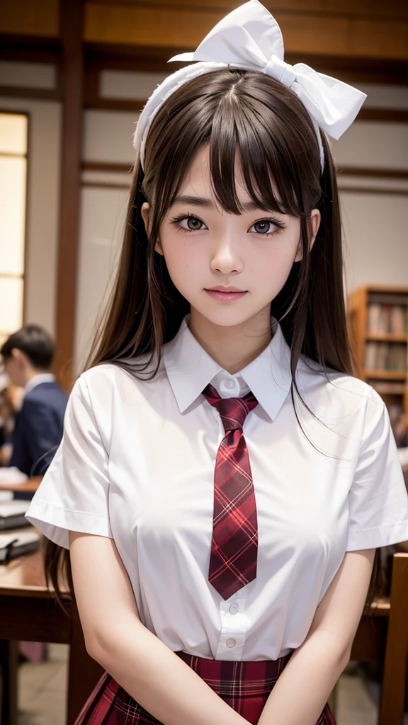 Best quality, masterpiece, ultra-high resolution, 8K, (reality: 1.4), RAW shooting, most detailed face, very detailed and perfect anatomy, live photography; most beautiful face; shining skin; one 18-year-old Japanese.My bangs and eyes are big and cute.It has brown eyes, gentle eyes, long brown hair, a young face, and a large chest.E-cup. Look at the audience.angelic smile.Cosplay, Japanese high school girls, glossy white short-sleeved shirts, red ribbons, plaid pleated skirts, school library.
