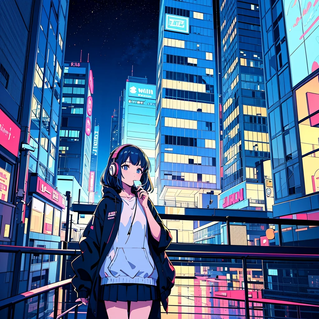 Ultra Wide Angle, Girl drinking hot coffee while listening to jazz music on headphones, Watching the night sky from the balcony, alone, Lofty Girl, Lo-fi art style, Lofty Girl aesthetic, By Ghailan, Anime Aesthetics, relaxed mood, Lo-fi illustration style