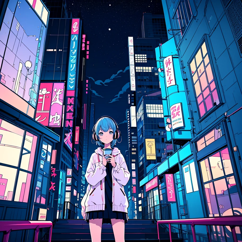 Ultra Wide Angle, Girl drinking hot coffee while listening to jazz music on headphones, Watching the night sky from the balcony, alone, Lofty Girl, Lo-fi art style, Lofty Girl aesthetic, By Ghailan, Anime Aesthetics, relaxed mood, Lo-fi illustration style
