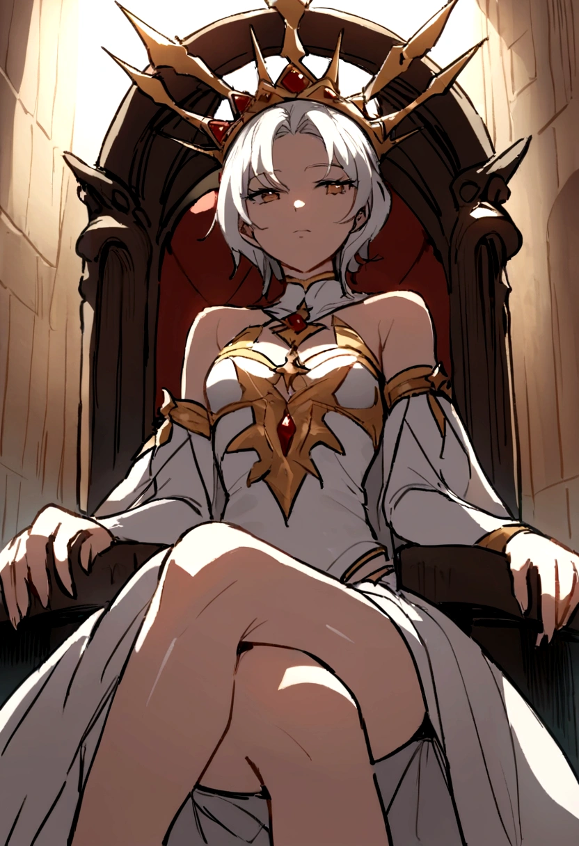 roman baths,White short hair girl,Perfect face,sit with legs crossed,Cross your legs,Sitting on a stone throne,The light source is the oblique sunset,There is some blood on the face when the sun hits it,Queen