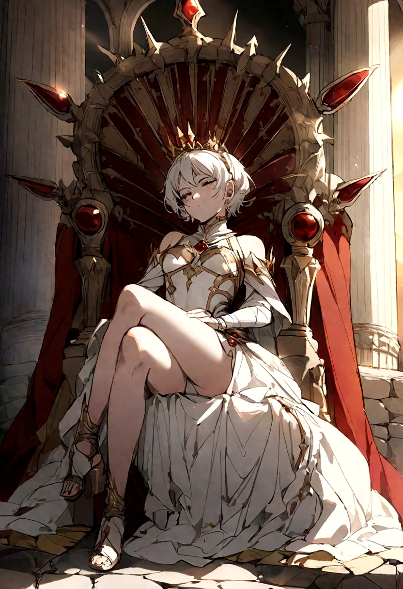 roman baths,White short hair girl,Perfect face,sit with legs crossed,Cross your legs,Sitting on a stone throne,The light source is the oblique sunset,There is some blood on the face when the sun hits it,Queen