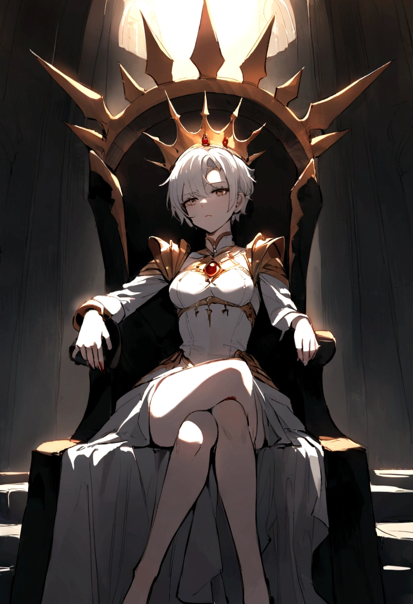 roman baths，White short hair girl，Perfect face，sit with legs crossed，Cross your legs，Sitting on a stone throne，The light source is the oblique sunset，There is some blood on the face when the sun hits it，Queen