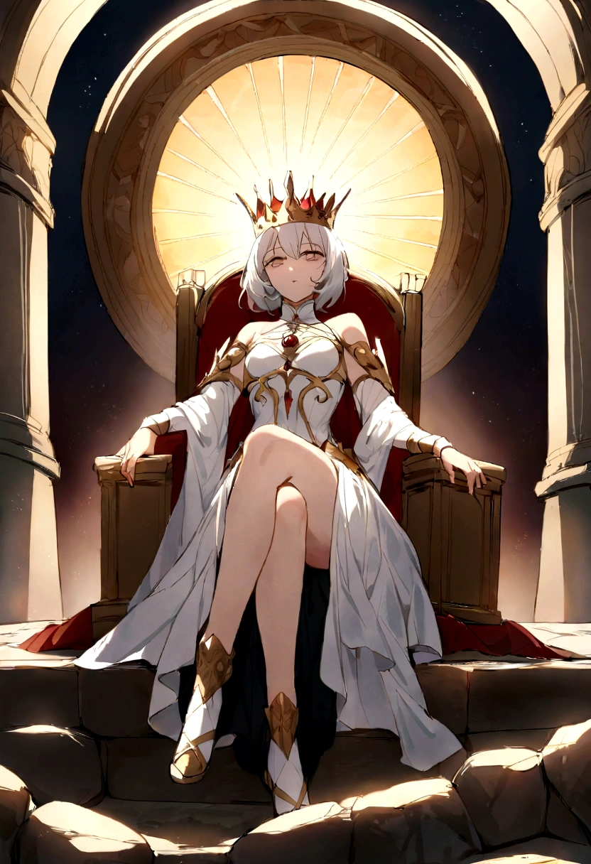 roman baths，White short hair girl，Perfect face，sit with legs crossed，Cross your legs，Sitting on a stone throne，The light source is the oblique sunset，There is some blood on the face when the sun hits it，Queen