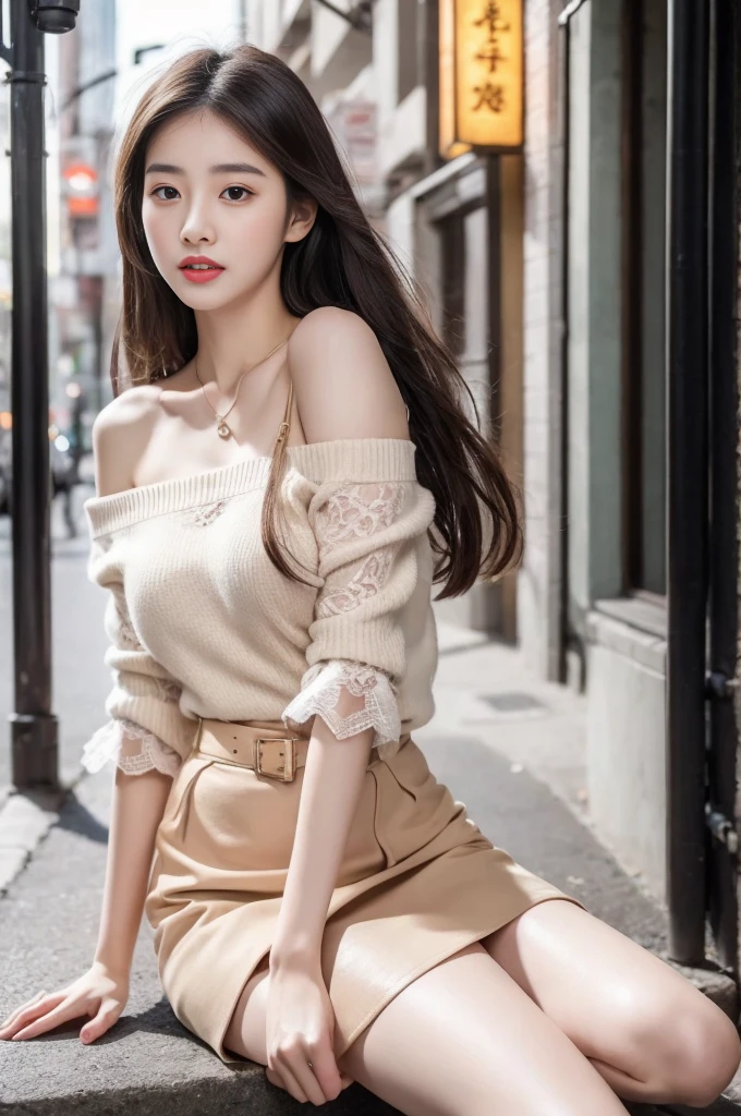 Front Angle, (8K, best quality, masterpiece:1.2), (Practical, photo-Practical:1.37), Extremely detailed, 1 girl, Looking at the audience, Beautiful and detailed sky, Detailed café street, sit, full_Body, Small head, Exquisite necklace, beautiful legs:1.2, Long legs:1.2, Slender legs, High heel:1.3, White socks:1.4, Medium breasts, High waist, Willow Waist, Off-shoulder, belt, Short bottoms, Beautiful and delicate eyes, daytime, Warm colors, White lace, (Long hair:1.4), 银色中Long hair, White skin, light, Street Lights, (Tea table:1), (handbag:1), ulzzang-6500-v1.1:0.66