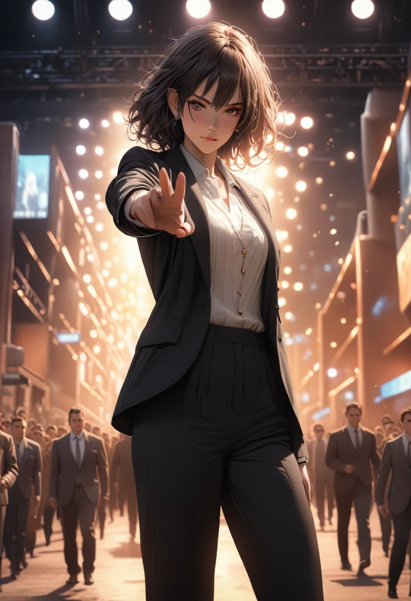 (best quality, 8k, masterpiece, highres, ultra-detailed), photorealistic, woman, stage, large crowd, passionate speech, confident stance, bright eyes, focused expression, enthusiastic gestures, sophisticated updo, vibrant hair, tailored suit, bold hue, powerful image, radiating confidence, charisma, dynamic pose, warm lighting, stage lights, detailed crowd, realistic skin.