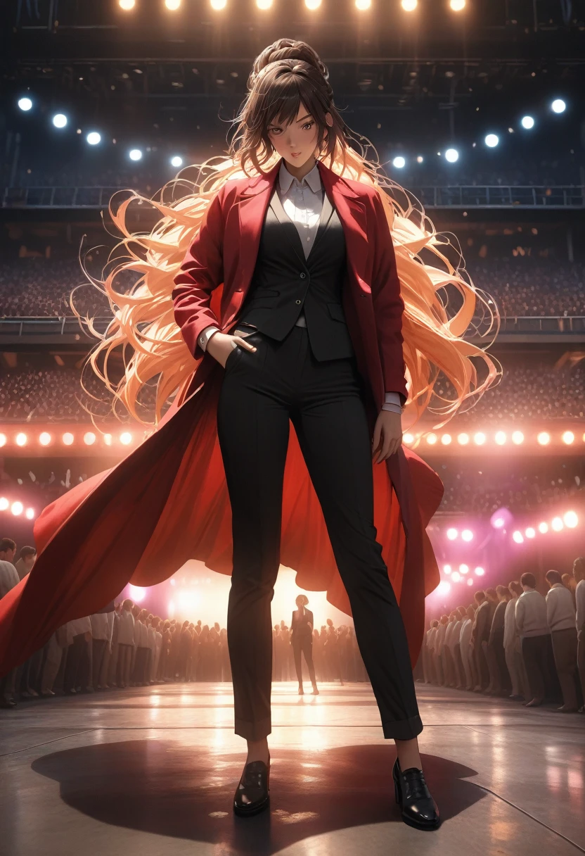 (best quality, 8k, masterpiece, highres, ultra-detailed), photorealistic, woman, stage, large crowd, passionate speech, confident stance, bright eyes, focused expression, enthusiastic gestures, sophisticated updo, vibrant hair, tailored suit, bold hue, powerful image, radiating confidence, charisma, dynamic pose, warm lighting, stage lights, detailed crowd, realistic skin.