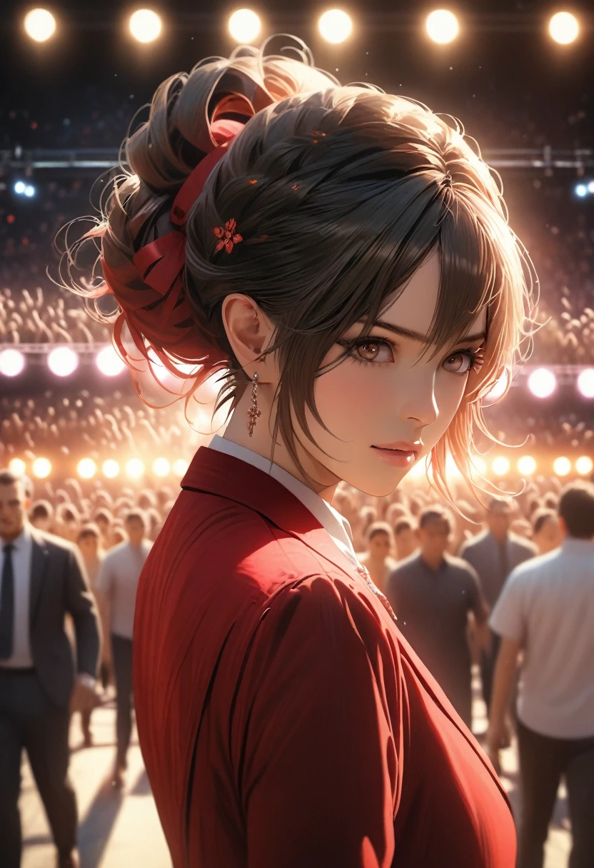 (best quality, 8k, masterpiece, highres, ultra-detailed), photorealistic, woman, stage, large crowd, passionate speech, confident stance, bright eyes, focused expression, enthusiastic gestures, sophisticated updo, vibrant hair, tailored suit, bold hue, powerful image, radiating confidence, charisma, dynamic pose, warm lighting, stage lights,  detailed crowd, realistic skin.