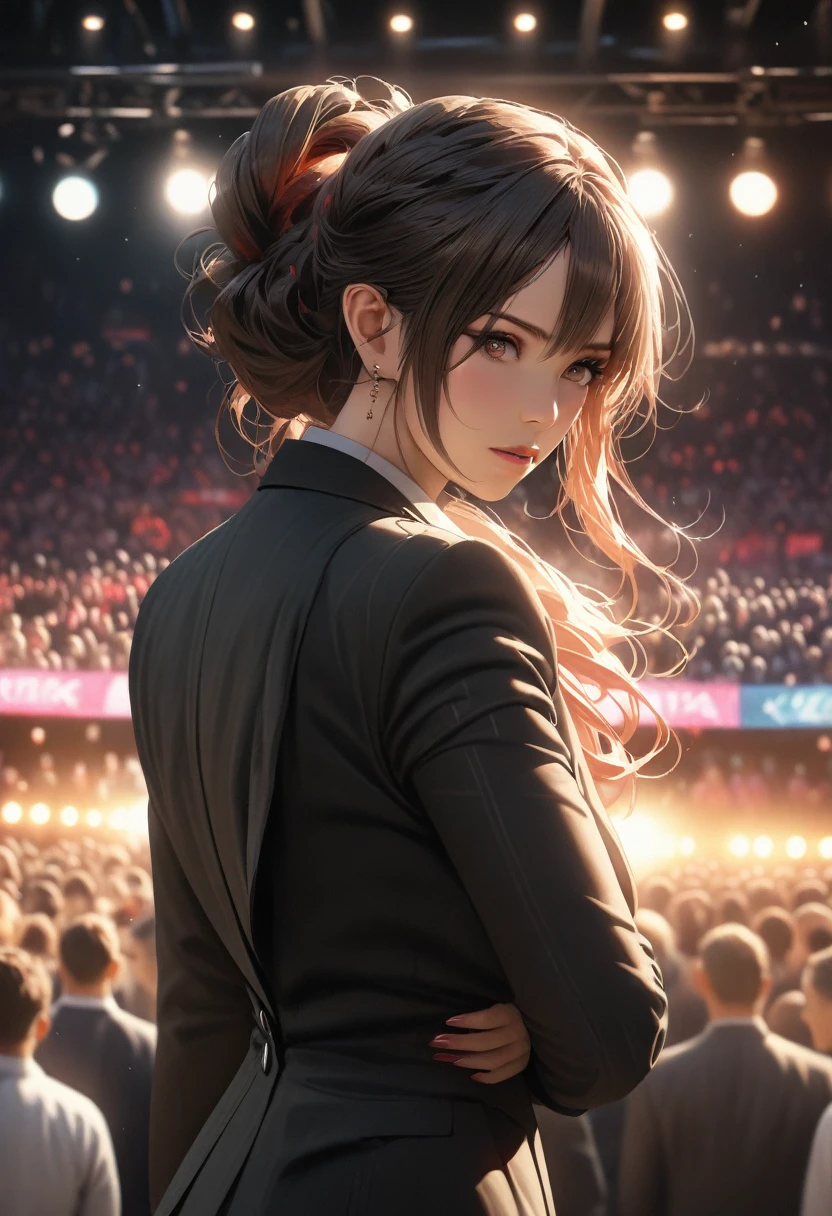 (best quality, 8k, masterpiece, highres, ultra-detailed), photorealistic, woman, stage, large crowd, passionate speech, confident stance, bright eyes, focused expression, enthusiastic gestures, sophisticated updo, vibrant hair, tailored suit, bold hue, powerful image, radiating confidence, charisma, dynamic pose, warm lighting, stage lights,  detailed crowd, realistic skin.
