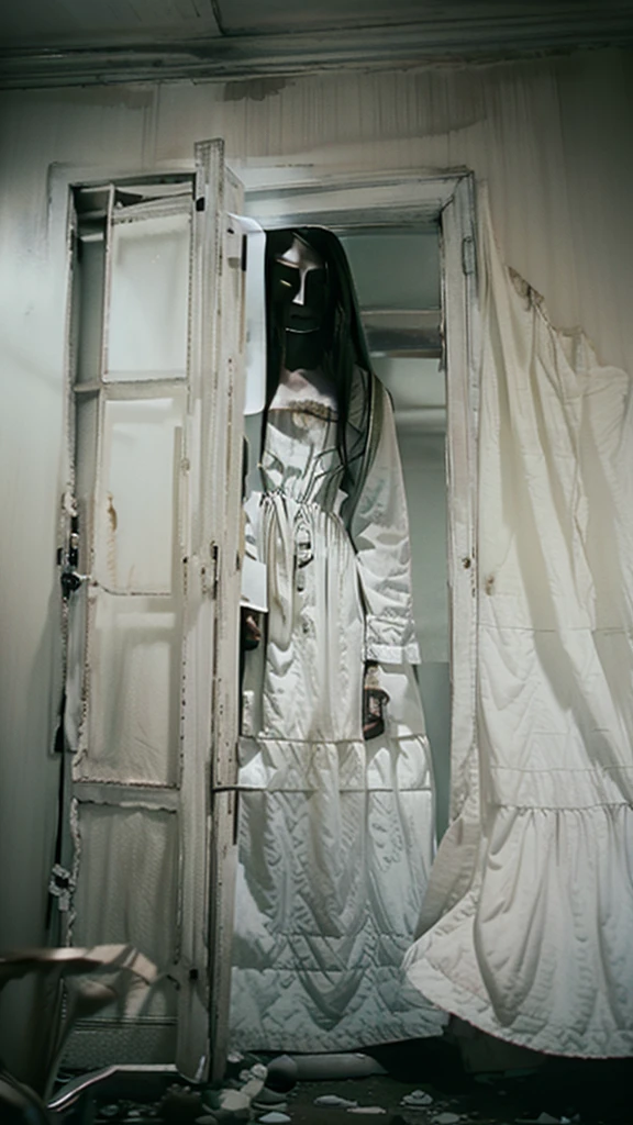 arafed woman in a white dress standing in a room with pictures on the wall, the ring movie, the ring, film still from a horror movie, portrait of sadako of the ring, horror movie scene, film still from horror movie, still from horror movie, horror movie still, horror film still, the grudge, horror movie aesthetic, horror film, creepy, terrifying, 4k ultra detailed, scary, dark abandoned haunted