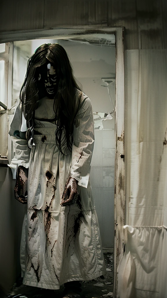 arafed woman in a white dress standing in a room with pictures on the wall, the ring movie, the ring, film still from a horror movie, portrait of sadako of the ring, horror movie scene, film still from horror movie, still from horror movie, horror movie still, horror film still, the grudge, horror movie aesthetic, horror film, creepy, terrifying, 4k ultra detailed, scary, dark abandoned haunted