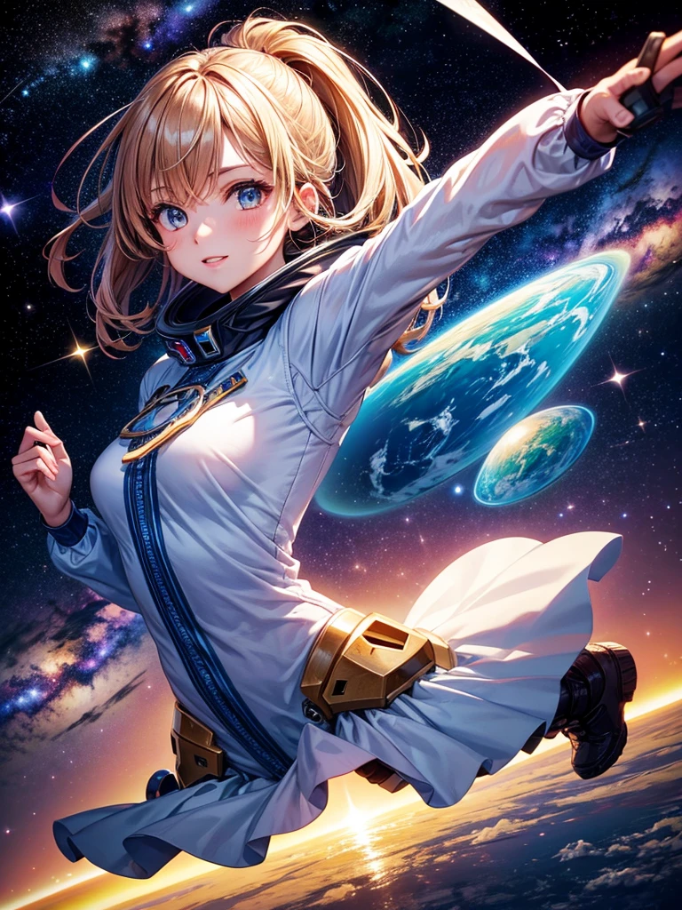 Highest quality,Highest Resolution,A beautiful girl from the future flying in space,Earth in the background,Milky Way,