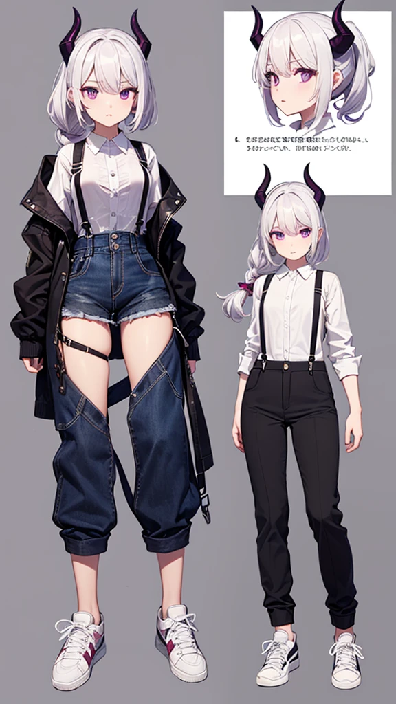 (Masterpiece, best quality), detailed, character sheet, many items (the same person, shirt, pants, lowered suspenders, , white sneakers, many parts), demon, narrow hips, demon girl, detailed beautiful purple eyes, detailed face, white hair and white skin, braided ponytail, demon horns, full of details.