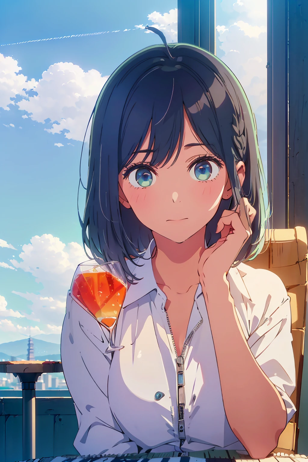 (Highest quality:1.4、8K:1.4、detailed)、F cup bust、Big Breasts、Slim body、Very white beautiful skin、((((1 person、Surprised expression、sit、Chair、In the background are the urban buildings of Tokyo、looking at the camera、Outdoor café terrace、Navy hair color、juice、table、Very cute face))))、((((nude、Areola))))、(Pose with hair tucked behind ear with one hand:1.4、Cheek resting on hand:1.4)、Off-the-shoulder black blouson with zipper、Very blue sky、A completely cloudless sky