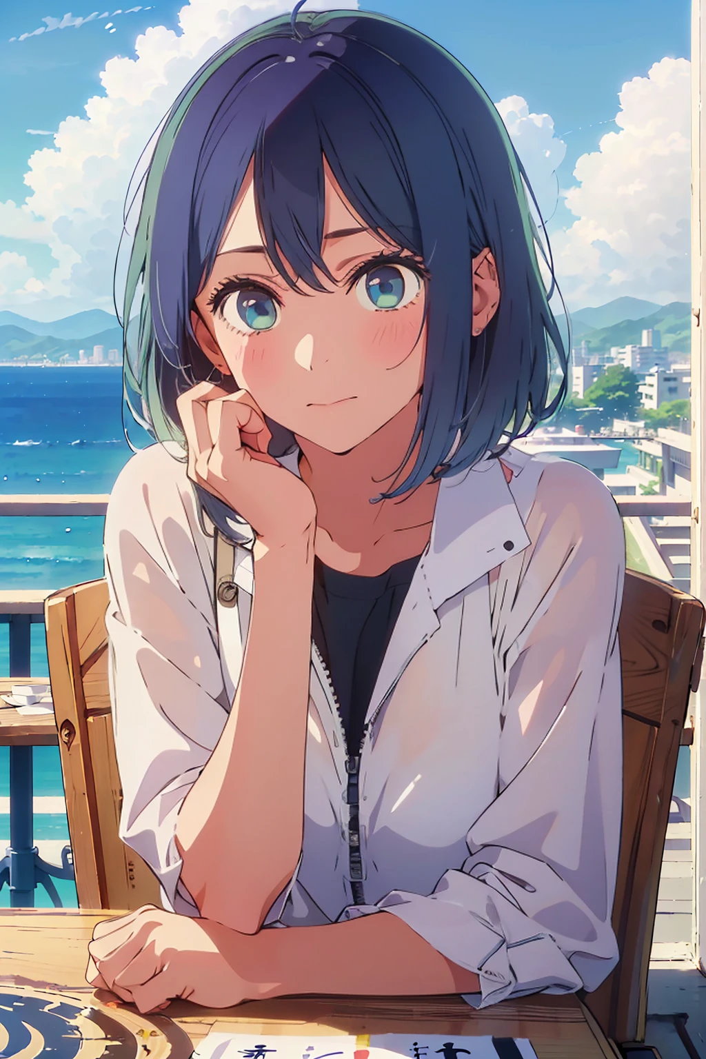 (Highest quality:1.4、8K:1.4、detailed)、F cup bust、Big Breasts、Slim body、Very white beautiful skin、((((1 person、Surprised expression、sit、Chair、In the background are the urban buildings of Tokyo、looking at the camera、Outdoor café terrace、Navy hair color、juice、table、Very cute face))))、((((nude、Areola))))、(Pose with hair tucked behind ear with one hand:1.4、Cheek resting on hand:1.4)、Off-the-shoulder black blouson with zipper、Very blue sky、A completely cloudless sky