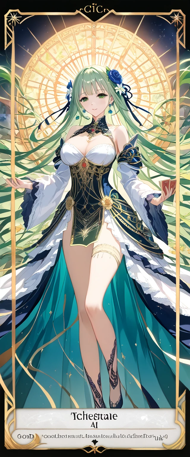 (masterpiece, Highest quality, Highest quality, Official Art, beautifully、aesthetic:1.2), (One girl:1.3), (Fractal Art:1.3), card, Tarot, Green Hair, Twin Blade, Hair Flowers, (Good lighting:1.1), ((High resolution)), Tarot card style