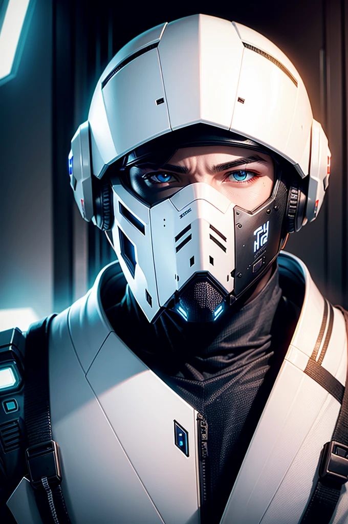 Wearing an advanced cybernetic suit、Realistic white combat male with cyberpunk tech helmet,Half face