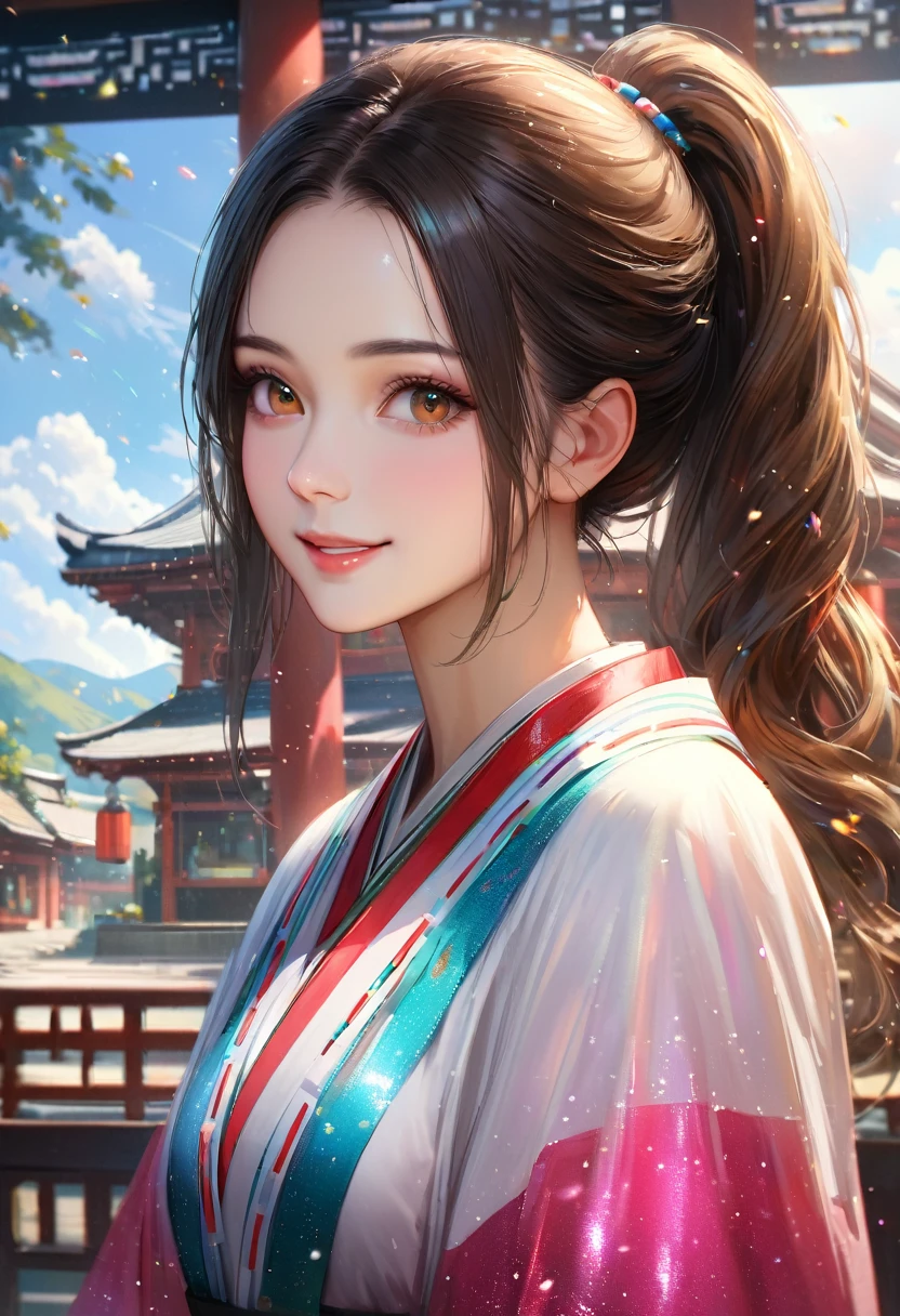 Domestic, Clear sky with white clouds, Shrine maiden, Blur the background,young woman,ponytail,smile,Glitter effect,Highest quality, 8K, High resolution, masterpiece:1.2, Very detailed, Realistic:1.37, High resolution, 超High resolution, Ultra-fine painting, Very detailed, Professional, Vibrant colors