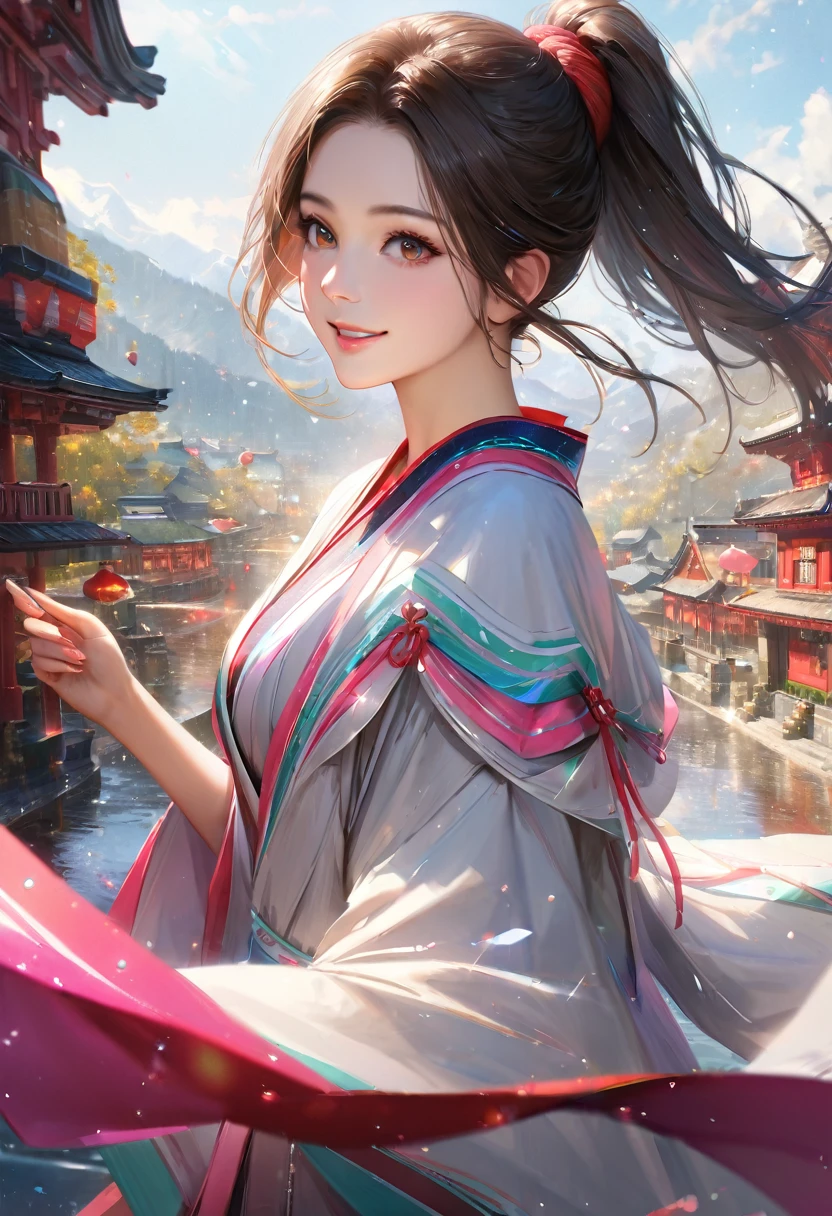 Domestic, Clear sky with white clouds, Shrine maiden, Blur the background,young woman,ponytail,smile,Glitter effect,Highest quality, 8K, High resolution, masterpiece:1.2, Very detailed, Realistic:1.37, High resolution, 超High resolution, Ultra-fine painting, Very detailed, Professional, Vibrant colors
