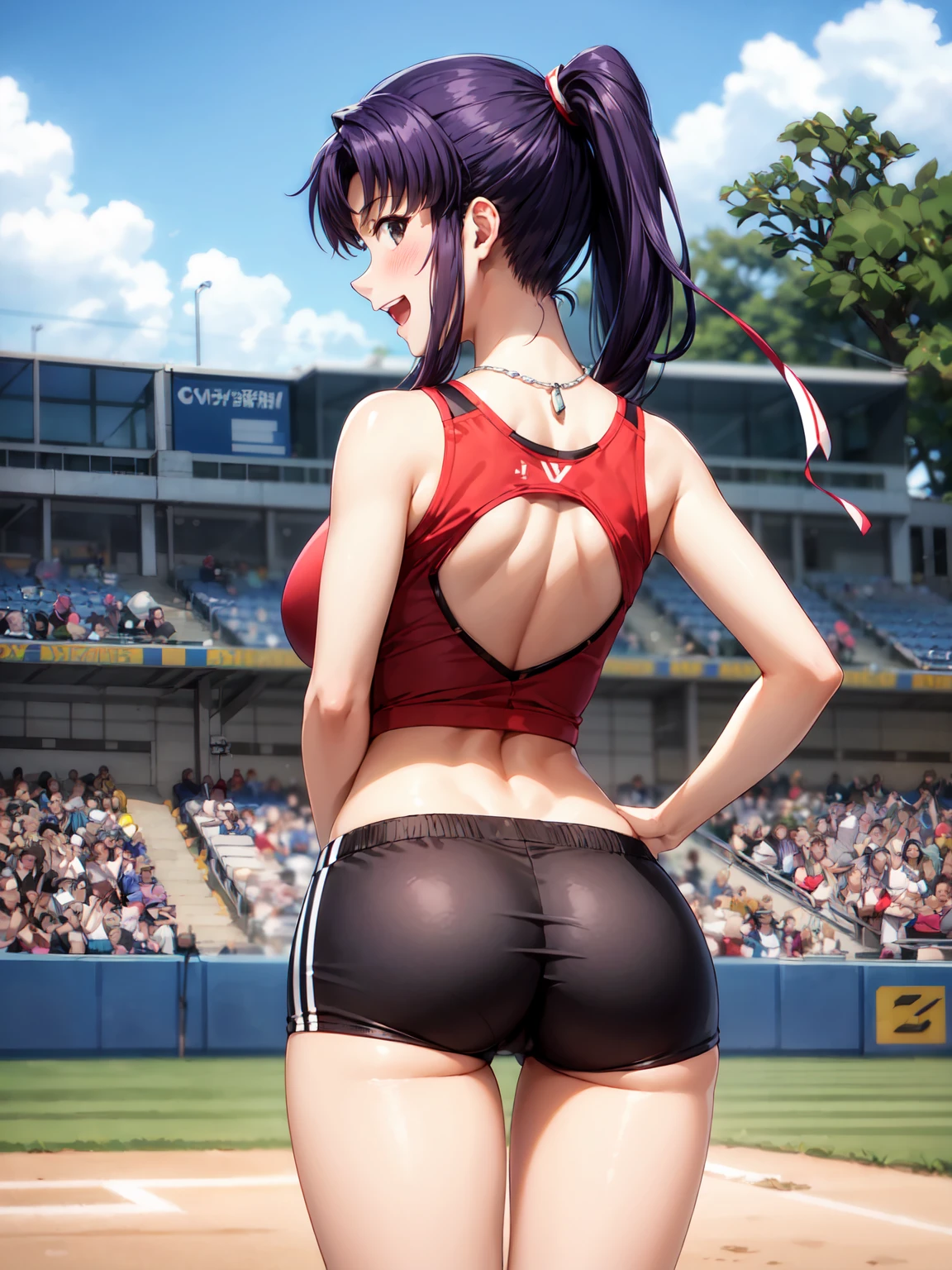 Masterpiece ,best quality , high resolution , ultra detail , colorful , (1 girl solo:1.38) , (Misato katsuragi) , (black eyes, ponytail , purple hair, medium_long_hair, make up, necklace, tall, slim body,) , (wear baseball hat , belly , navel , sport top , sport short , stockings ) , (arms behind back . hands behind back) , (cleavage:1.15) , (big breast:1.1) , (face view , look at view , from behind , back view , head back , looking back ) , (outdoor , Baseball field，race，streamers，victory，celebrate) , (standing , Legs , thighs , cowboy shot) , ( full face blush , shy , smile , open mouth)