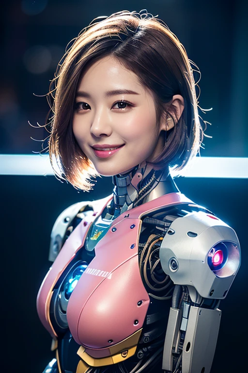 (masterpiece, best quality, extremely detailed, 8k portrait, Japanese cyborg lady, pink robotics body, beautiful detailed face, detailed eyes, dimpled smile, short hair, feminine vibes, android body, cyborg body, robot body, full-body shot, bokeh background, enchanting night sky)