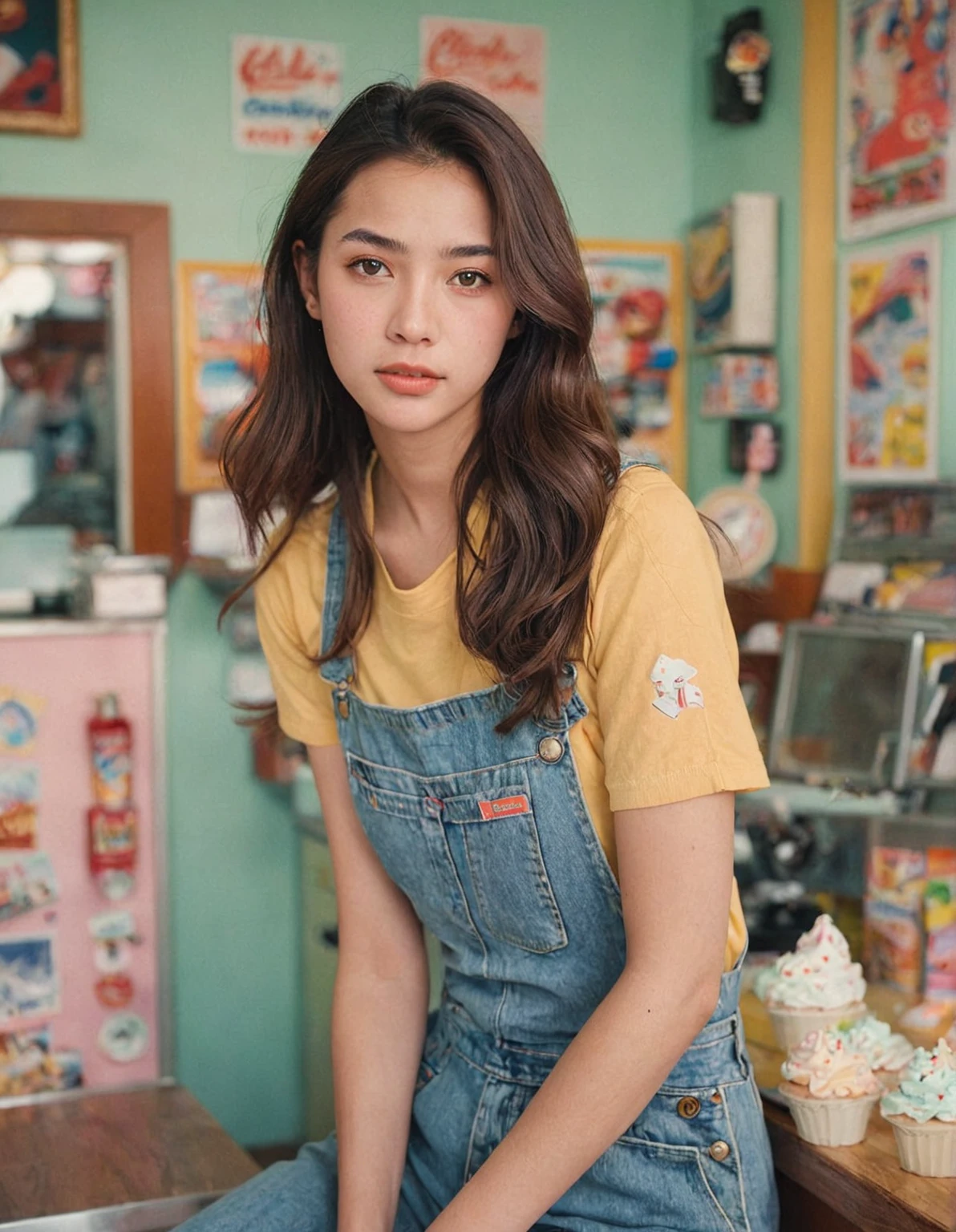 Portrait MagMix Girl look at camera, long hair, Overalls, Retro ice cream parlor with pastel-colored walls, a classic soda fountain counter, and vintage ice cream posters, bathed in warm sunlight, analog film photo, Kodachrome.