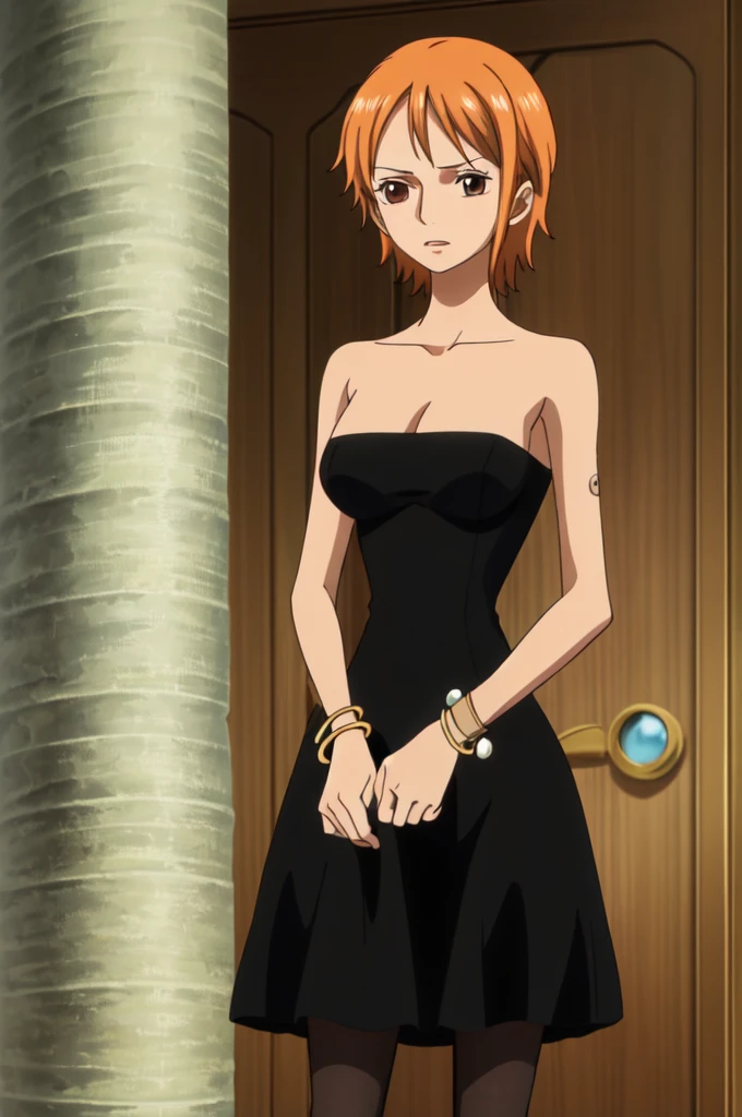 masterpiece, 最high quality, high quality, High resolution, Absurd, Super detailed, Best Anatomy, Fine grain, Perfect Eyes, Mature Woman, Nami Black Dress, One girl, alone, short hair, Cleavage, Brown eyes, Medium chest, Orange Hair, Boa Feather, Black Dress, bracelet, Bangles, pantyhose,