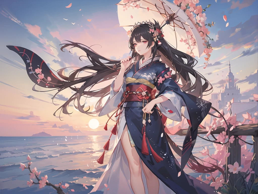 In a realm where the sky is perpetually painted with the vibrant hues of dawn and dusk, stands a majestic figure. She is adorned in an intricately designed kimono, with patterns of cherry blossoms and flowing water, symbolizing the harmony between nature and human spirit. Her dark hair is styled in a traditional updo, adorned with elaborate hairpieces and a striking red parasol. Her crimson eyes reflect a deep sense of wisdom and mystery, hinting at untold stories and hidden powers. With an aura of elegance and strength, she gazes into the distance, as if guarding the secrets of an ancient civilization. The backdrop of swirling clouds and the setting sun adds a mystical quality to the scene, creating an ethereal atmosphere. Write a story about this enigmatic character, exploring her origins, her journey, and the magical world she inhabits. 4k, HD, Traditional Kanzashi Hairpins, Floral Decorations