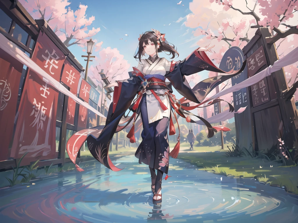 In a realm where the sky is perpetually painted with the vibrant hues of dawn and dusk, stands a majestic figure. She is adorned in an intricately designed kimono, with patterns of cherry blossoms and flowing water, symbolizing the harmony between nature and human spirit. Her dark hair is styled in a traditional updo, adorned with elaborate hairpieces and a striking red parasol. Her crimson eyes reflect a deep sense of wisdom and mystery, hinting at untold stories and hidden powers. With an aura of elegance and strength, she gazes into the distance, as if guarding the secrets of an ancient civilization. The backdrop of swirling clouds and the setting sun adds a mystical quality to the scene, creating an ethereal atmosphere. Write a story about this enigmatic character, exploring her origins, her journey, and the magical world she inhabits. 4k, HD, Traditional Kanzashi Hairpins, Floral Decorations