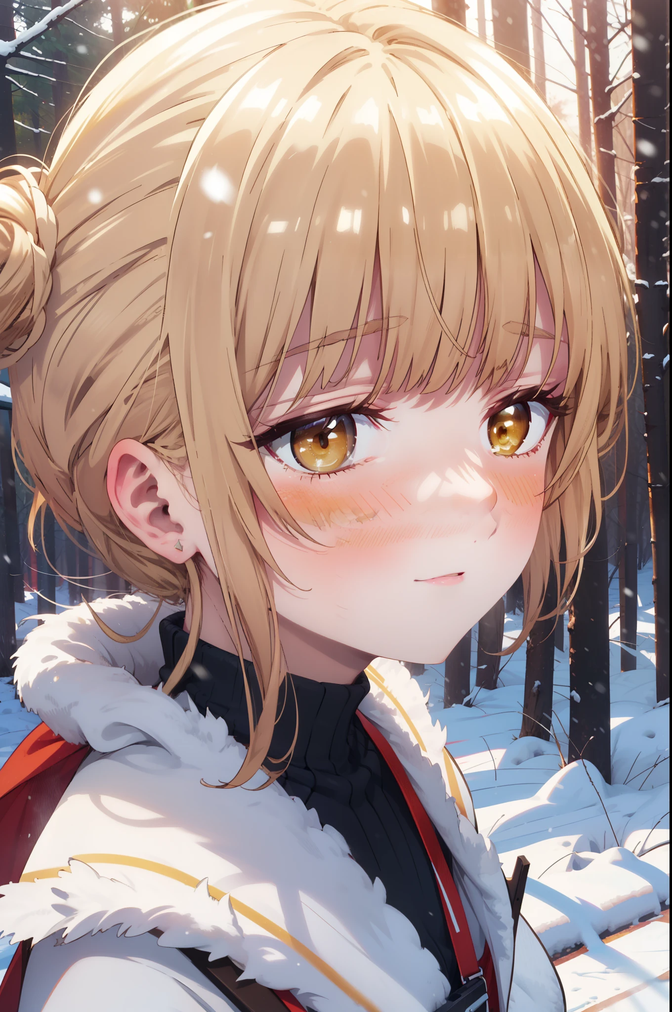 This is Mahirushiina, Mahiru Shiina, blonde, (Brown eyes:1.7), Long Hair, happy smile, smile, Open your mouth,Hair Bun, single Hair Bun,blush,White Breath,
Open your mouth,snow,Bonfire on the ground, Outdoor, boots, snowing, From the side, wood, suitcase, Cape, Blurred, Increase your meals, forest, White handbag, nature,  Squat, Mouth closed, フードed Cape, winter, Written boundary depth, Black shoes, red Cape break looking at viewer, Upper Body, whole body, break Outdoor, forest, nature, break (masterpiece:1.2), Highest quality, High resolution, unity 8k wallpaper, (shape:0.8), (Beautiful and beautiful eyes:1.6), Highly detailed face, Perfect lighting, Extremely detailed CG, (Perfect hands, Perfect Anatomy),