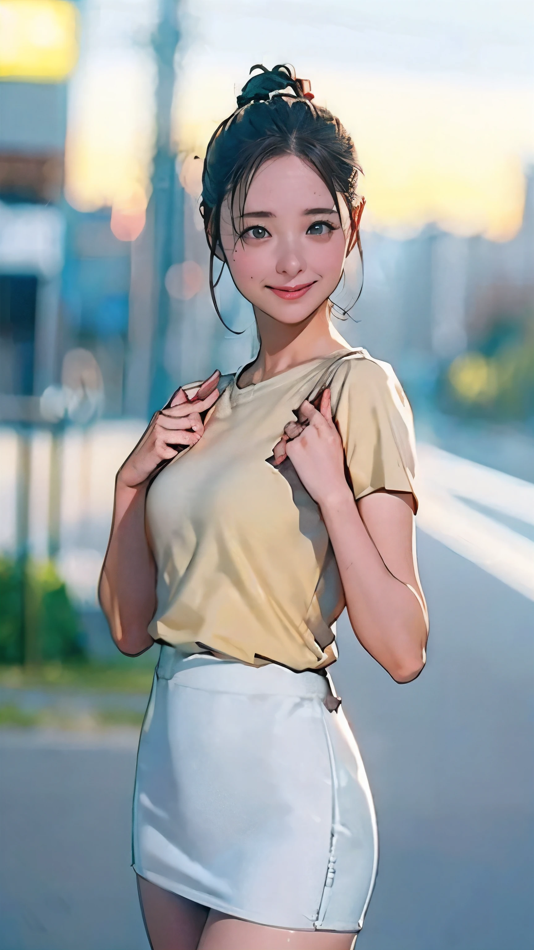 (masterpiece:1.2, Highest quality), (Realistic, photoRealistic:1.4),Beautiful illustrations,(Natural Side Lighting, Cinema Lighting),1 female,Japanese,Mature Woman,Female police officer on patrol,48 years old,Perfect Face, Symmetrical face, Shiny skin,Random Hairstyles,Big eyes,Sexy Eyes,(smile),(whole body),break((Police Officer Shirt)),((Tight mini skirt)),(The background is a street corner:1.5),(((Background Blur:1.5))),((Police uniform)),(((Recall)))