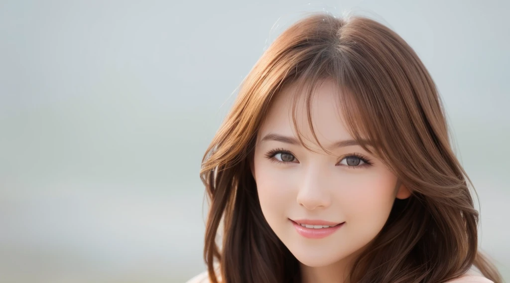 Create an image of a beautiful woman with chestnut brown hair. The background is clean white. She is making direct eye contact with the camera, and the focus is on her upper body. She is smiling gently, radiating a sense of beauty and confidence. Design the image with the intention of using it for beauty-related promotions, capturing the essence of a confident and approachable beauty. Pay attention to details such as her hair, facial expression, and the overall composition against the clean white background