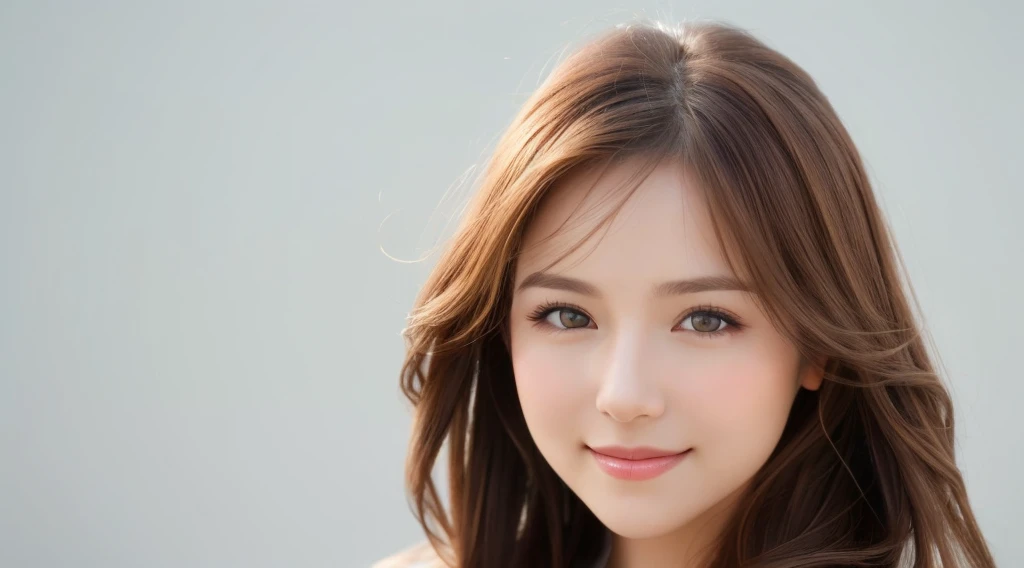 Create an image of a beautiful woman with chestnut brown hair. The background is clean white. She is making direct eye contact with the camera, and the focus is on her upper body. She is smiling gently, radiating a sense of beauty and confidence. Design the image with the intention of using it for beauty-related promotions, capturing the essence of a confident and approachable beauty. Pay attention to details such as her hair, facial expression, and the overall composition against the clean white background