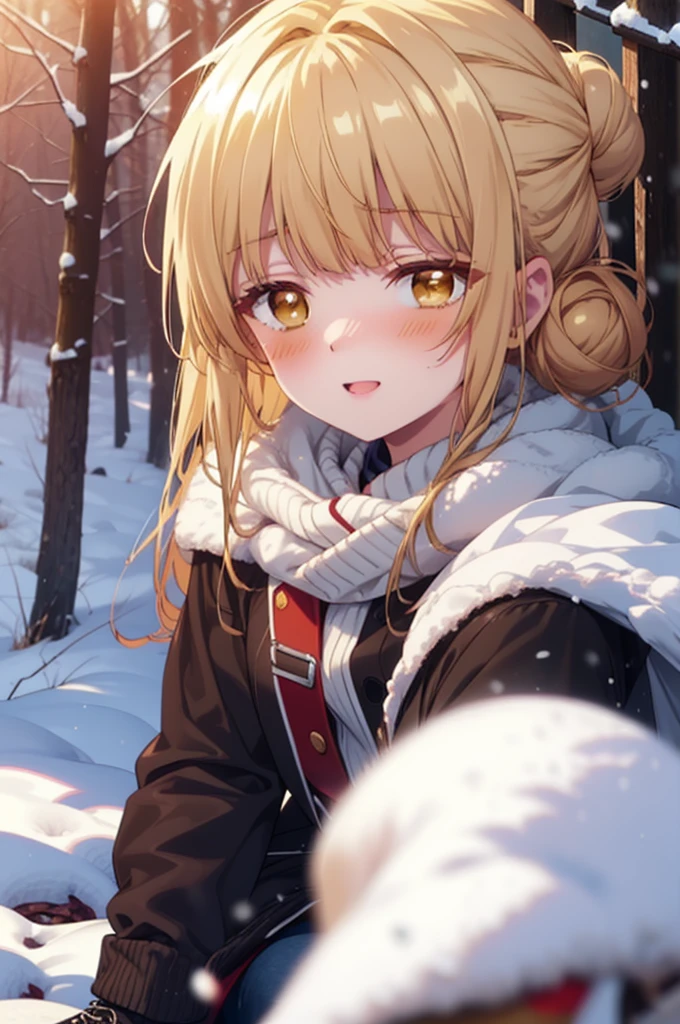 This is Mahirushiina, Mahiru Shiina, blonde, (Brown eyes:1.7), Long Hair, happy smile, smile, Open your mouth,Hair Bun, single Hair Bun,blush,White Breath,
Open your mouth,snow,Bonfire on the ground, Outdoor, boots, snowing, From the side, wood, suitcase, Cape, Blurred, Increase your meals, forest, White handbag, nature, Squat, Mouth closed, フードed Cape, winter, Written boundary depth, Black shoes, red Cape break looking at viewer, Upper Body, whole body, break Outdoor, forest, nature, break (masterpiece:1.2), Highest quality, High resolution, unity 8k wallpaper, (shape:0.8), (Beautiful and beautiful eyes:1.6), Highly detailed face, Perfect lighting, Extremely detailed CG, (Perfect hands, Perfect Anatomy),